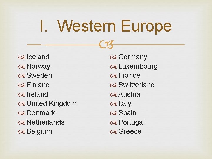 I. Western Europe Iceland Norway Sweden Finland Ireland United Kingdom Denmark Netherlands Belgium Germany