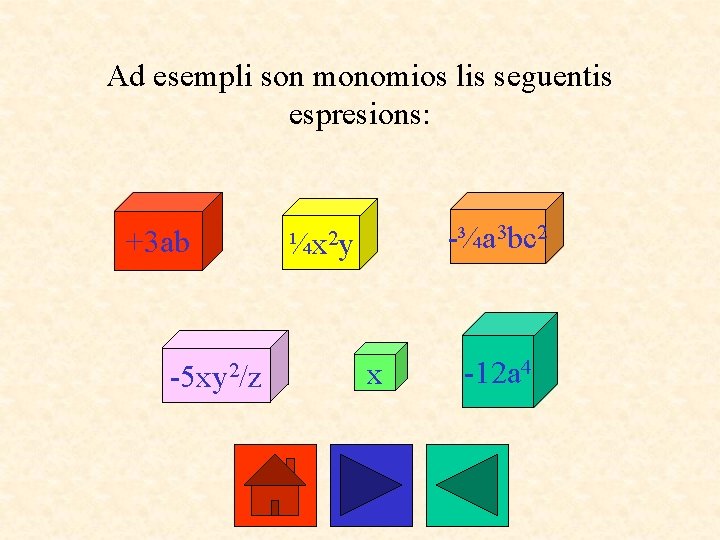 Ad esempli son monomios lis seguentis espresions: +3 ab -5 xy 2/z -¾a 3