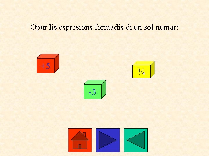 Opur lis espresions formadis di un sol numar: +5 ¼ -3 