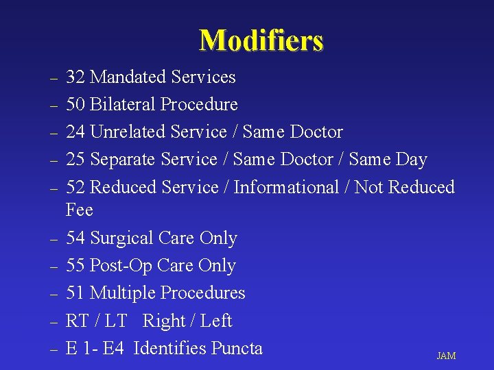 Modifiers – – – – – 32 Mandated Services 50 Bilateral Procedure 24 Unrelated