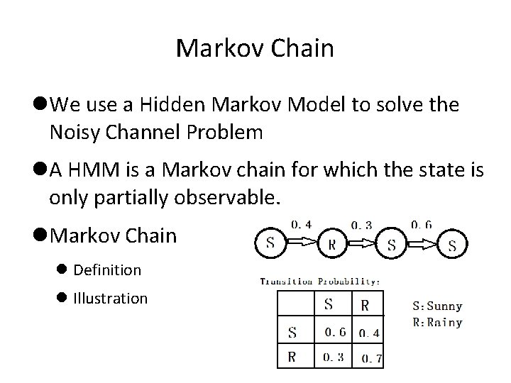 Markov Chain We use a Hidden Markov Model to solve the Noisy Channel Problem