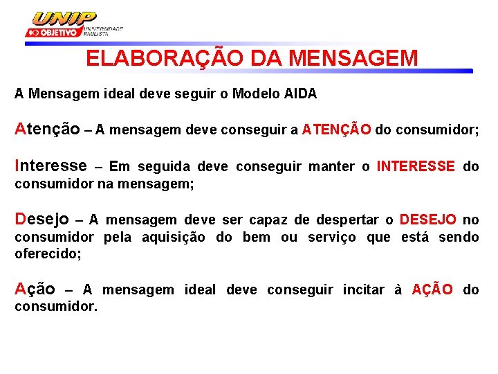 ELABORAÇÃO DA MENSAGEM A Mensagem ideal deve seguir o Modelo AIDA Atenção – A