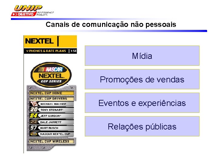 Canais de comunicação não pessoais Mídia Promoções de vendas Eventos e experiências Relações públicas