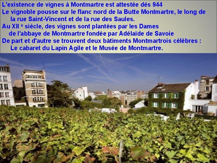 L'existence de vignes à Montmartre est attestée dès 944 Le vignoble pousse sur le