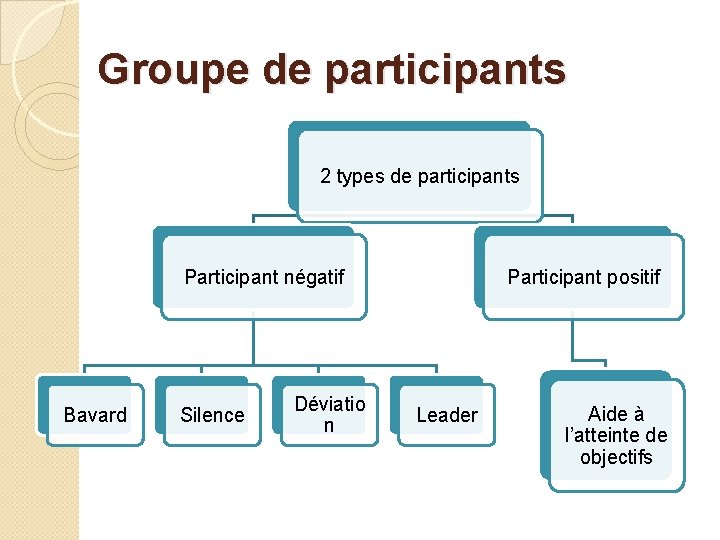 Groupe de participants 2 types de participants Participant négatif Bavard Silence Déviatio n Participant