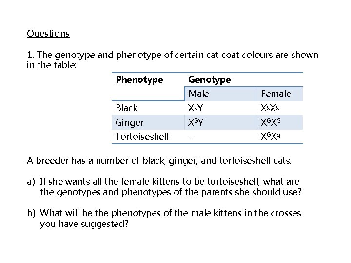 Questions 1. The genotype and phenotype of certain cat colours are shown in the