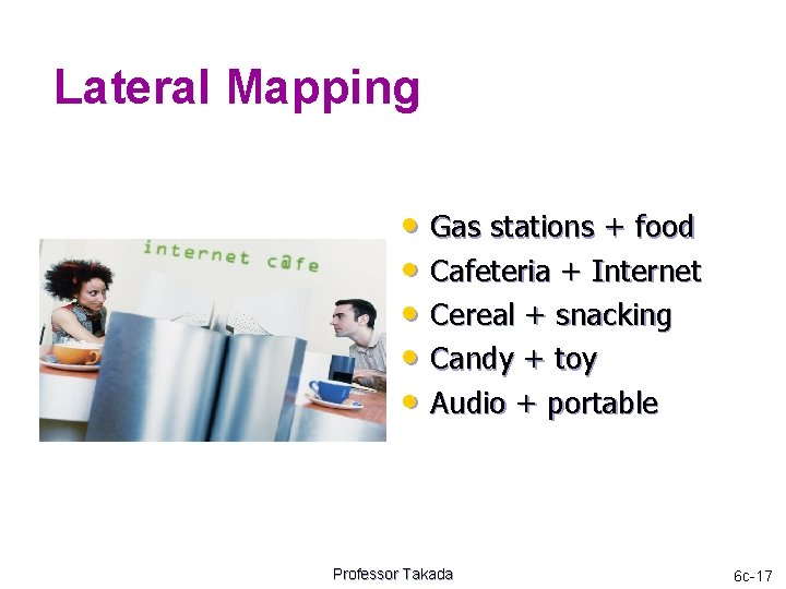 Lateral Mapping • Gas stations + food • Cafeteria + Internet • Cereal +