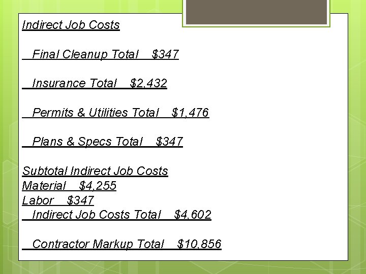 Indirect Job Costs Final Cleanup Total Insurance Total $347 $2, 432 Permits & Utilities