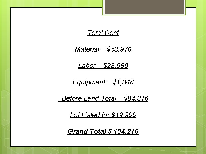 Total Cost Material Labor $53, 979 $28, 989 Equipment $1, 348 Before Land Total