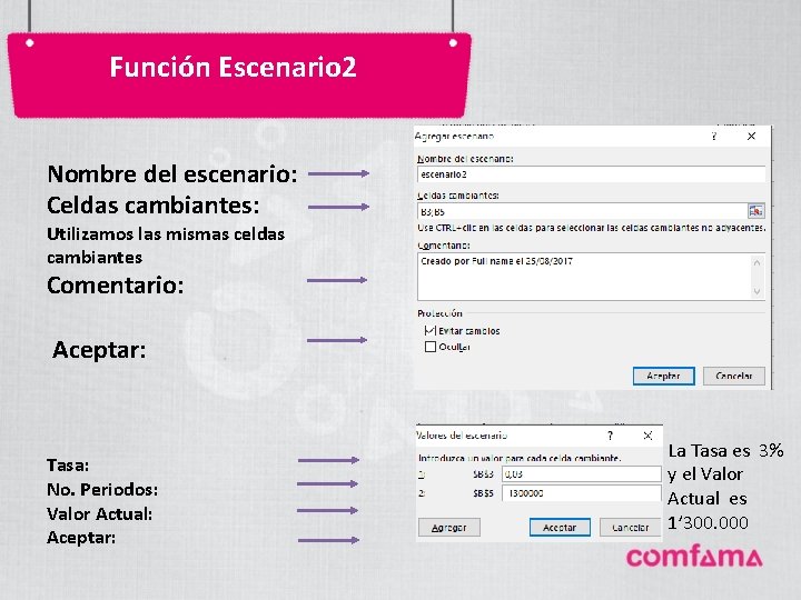 Función Escenario 2 Nombre del escenario: Celdas cambiantes: Utilizamos las mismas celdas cambiantes Comentario: