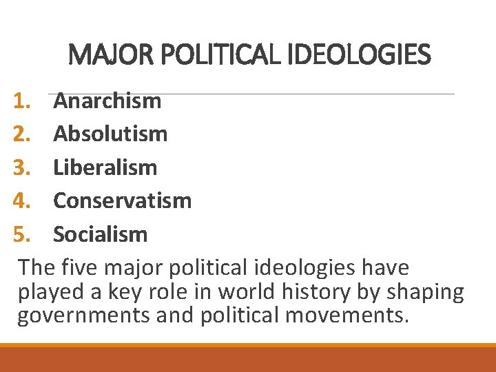 MAJOR POLITICAL IDEOLOGIES 1. Anarchism 2. Absolutism 3. Liberalism 4. Conservatism 5. Socialism The