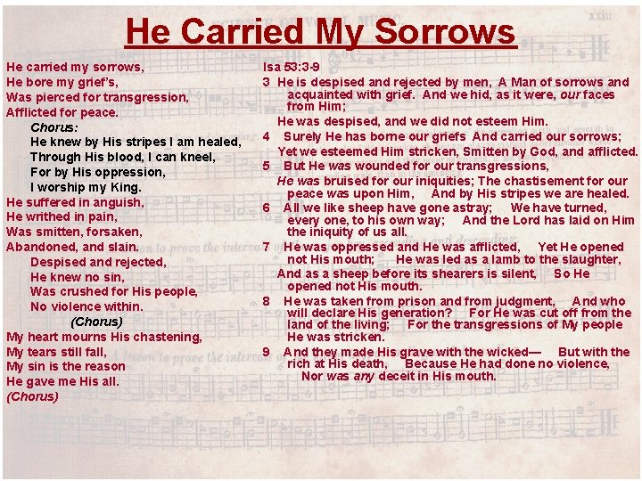 He Carried My Sorrows He carried my sorrows, He bore my grief’s, Was pierced