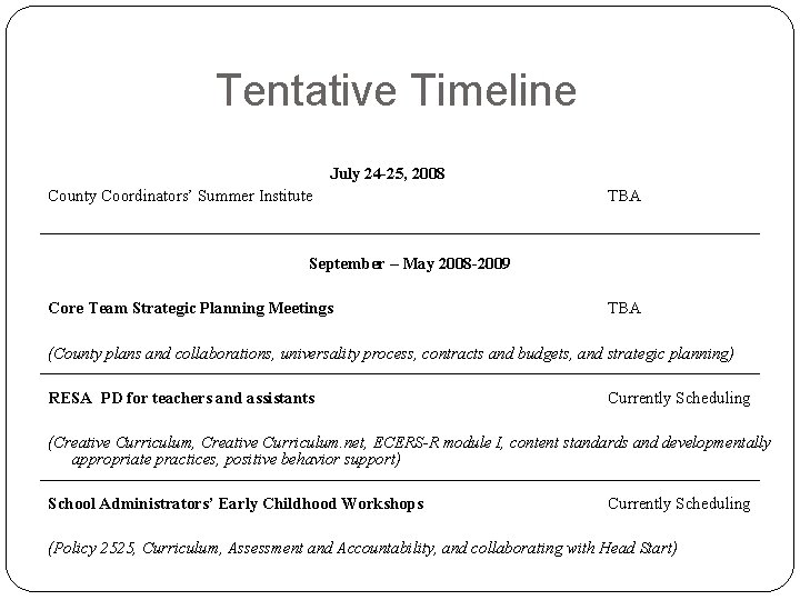 Tentative Timeline July 24 -25, 2008 County Coordinators’ Summer Institute TBA September – May