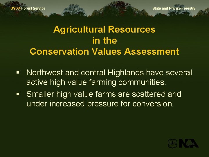 USDA Forest Service State and Private Forestry Agricultural Resources in the Conservation Values Assessment