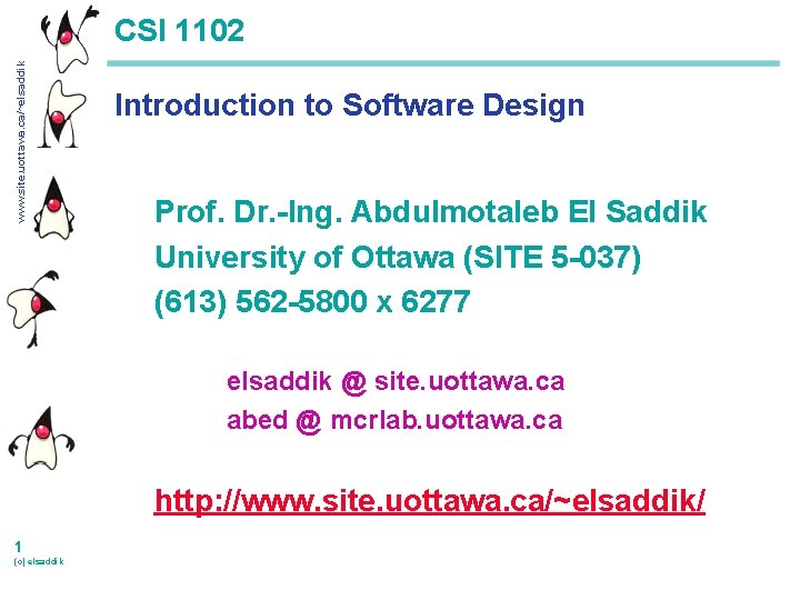 www. site. uottawa. ca/~elsaddik CSI 1102 Introduction to Software Design Prof. Dr. -Ing. Abdulmotaleb