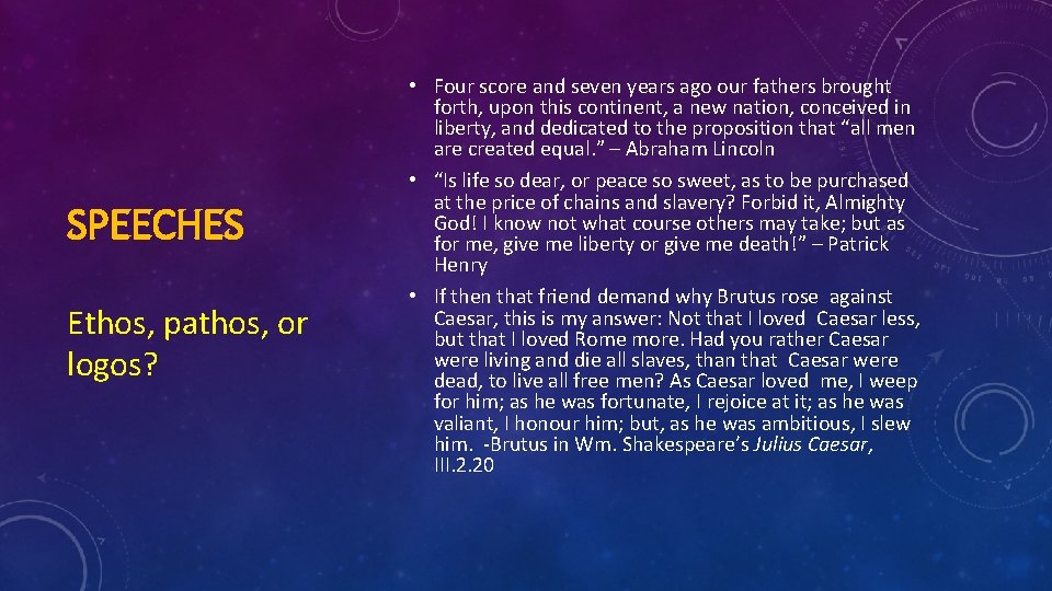 SPEECHES Ethos, pathos, or logos? • Four score and seven years ago our fathers