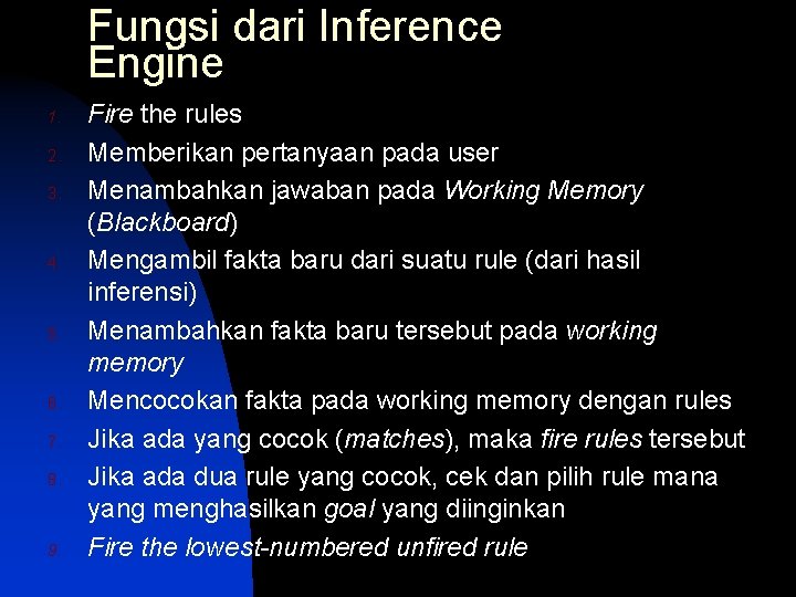 Fungsi dari Inference Engine 1. 2. 3. 4. 5. 6. 7. 8. 9. Fire