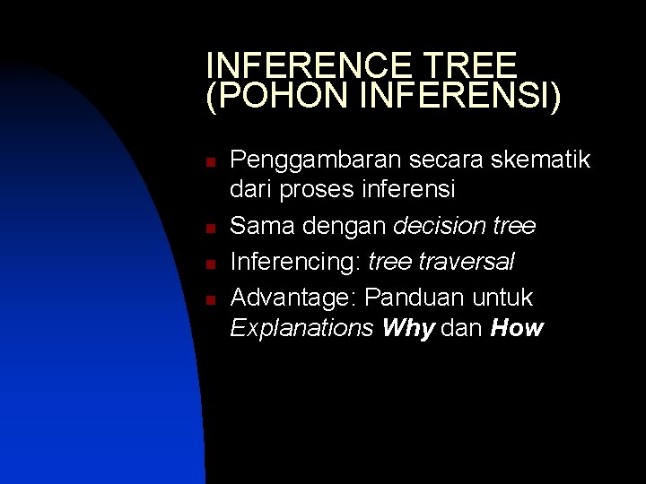 INFERENCE TREE (POHON INFERENSI) n n Penggambaran secara skematik dari proses inferensi Sama dengan