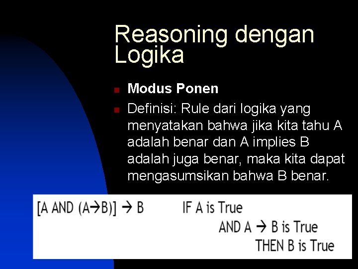 Reasoning dengan Logika n n Modus Ponen Definisi: Rule dari logika yang menyatakan bahwa