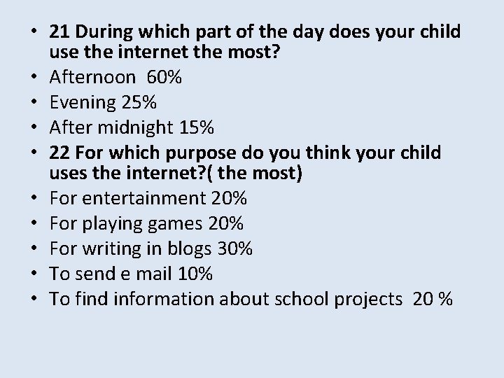  • 21 During which part of the day does your child use the