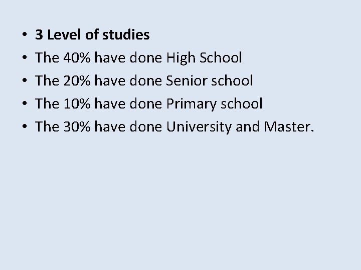  • • • 3 Level of studies The 40% have done High School