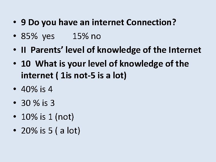  • • 9 Do you have an internet Connection? 85% yes 15% no