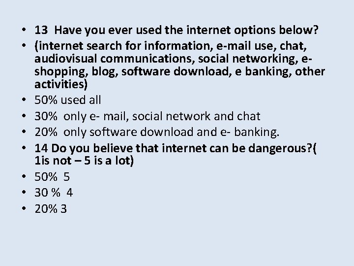  • 13 Have you ever used the internet options below? • (internet search
