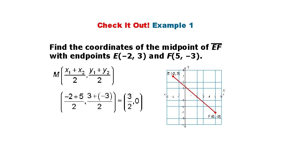 Check It Out! Example 1 Find the coordinates of the midpoint of EF with Check It Out! Example 1 Find the coordinates of the midpoint of EF with