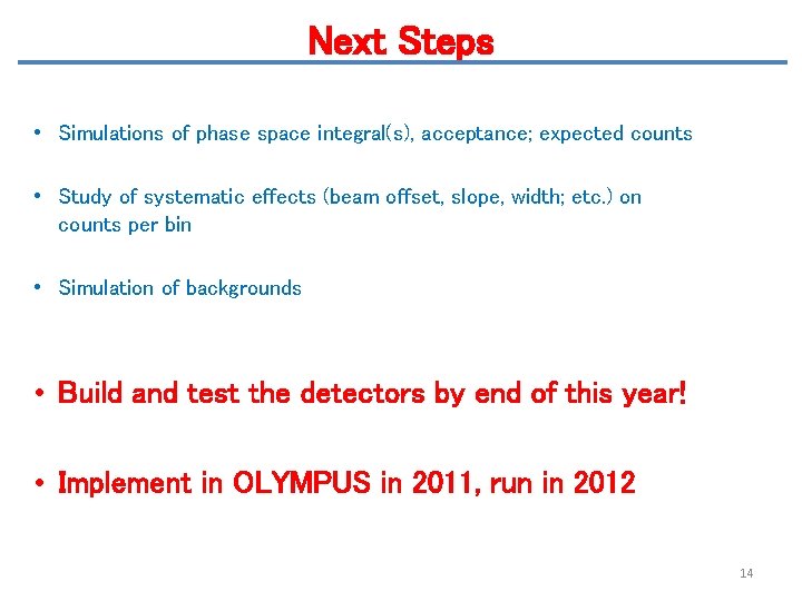 Next Steps • Simulations of phase space integral(s), acceptance; expected counts • Study of