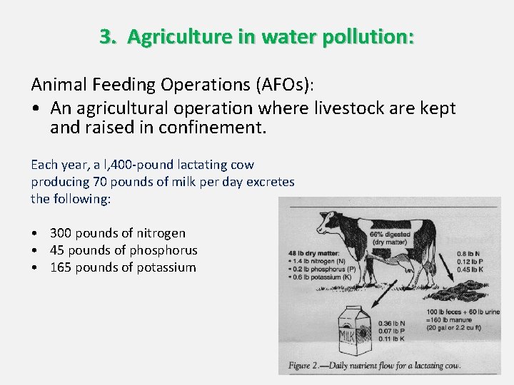 3. Agriculture in water pollution: Animal Feeding Operations (AFOs): • An agricultural operation where