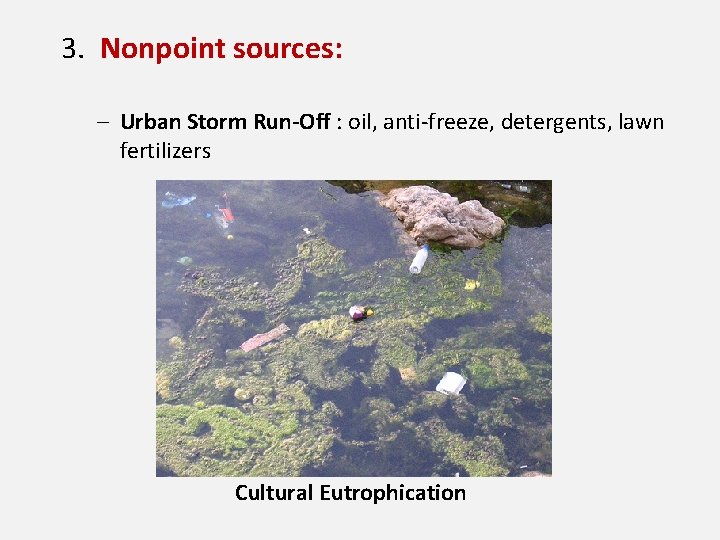 3. Nonpoint sources: – Urban Storm Run-Off : oil, anti-freeze, detergents, lawn fertilizers Cultural
