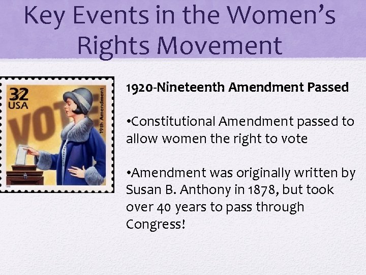Key Events in the Women’s Rights Movement 1920 -Nineteenth Amendment Passed • Constitutional Amendment
