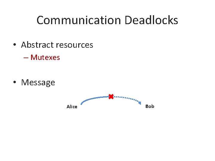 Communication Deadlocks • Abstract resources – Mutexes • Message Alice Bob 