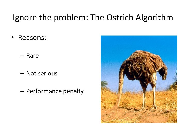 Ignore the problem: The Ostrich Algorithm • Reasons: – Rare – Not serious –
