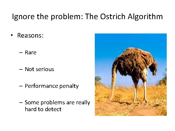 Ignore the problem: The Ostrich Algorithm • Reasons: – Rare – Not serious –