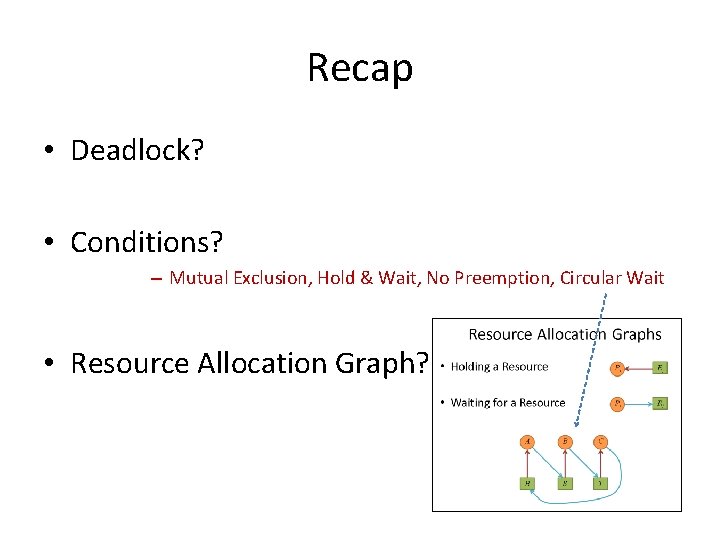 Recap • Deadlock? • Conditions? – Mutual Exclusion, Hold & Wait, No Preemption, Circular