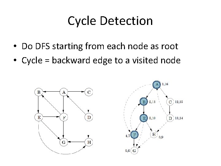 Cycle Detection • Do DFS starting from each node as root • Cycle =