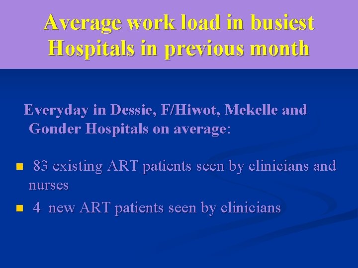 Average work load in busiest Hospitals in previous month Everyday in Dessie, F/Hiwot, Mekelle