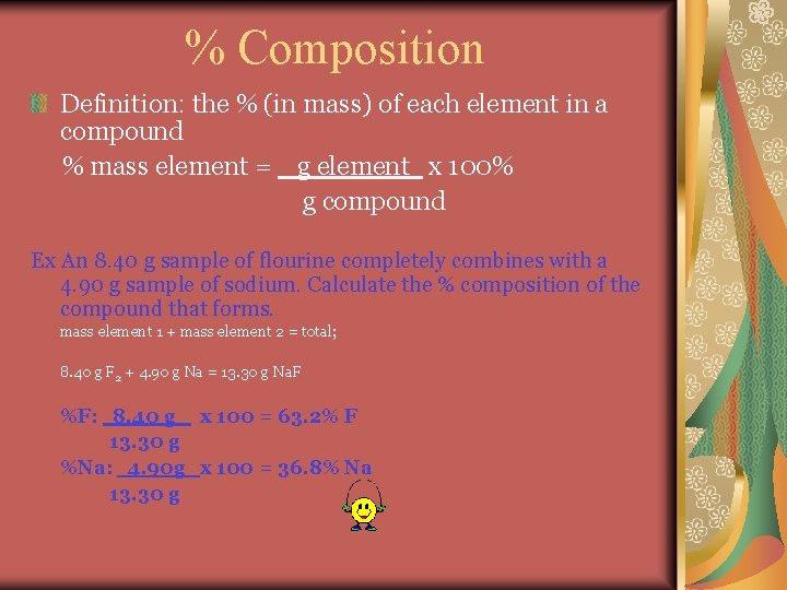 % Composition Definition: the % (in mass) of each element in a compound %