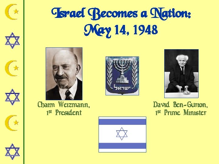 Israel Becomes a Nation: May 14, 1948 Chaim Weizmann, 1 st President David Ben-Gurion,