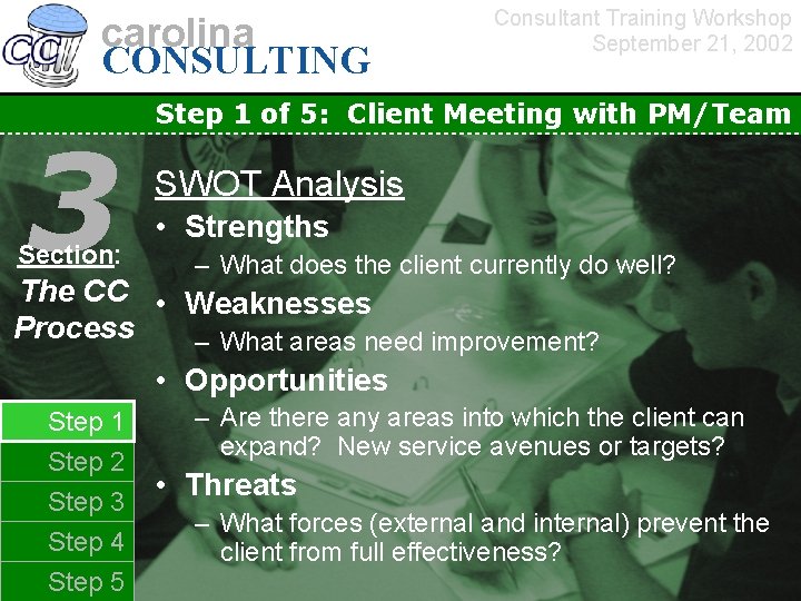 carolina CONSULTING 3 Section: Consultant Training Workshop September 21, 2002 Step 1 of 5: