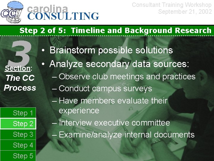 carolina CONSULTING Consultant Training Workshop September 21, 2002 Step 2 of 5: Timeline and