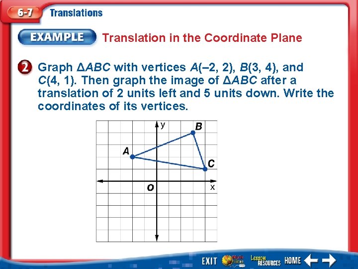 Translation in the Coordinate Plane Graph ΔABC with vertices A(– 2, 2), B(3, 4),