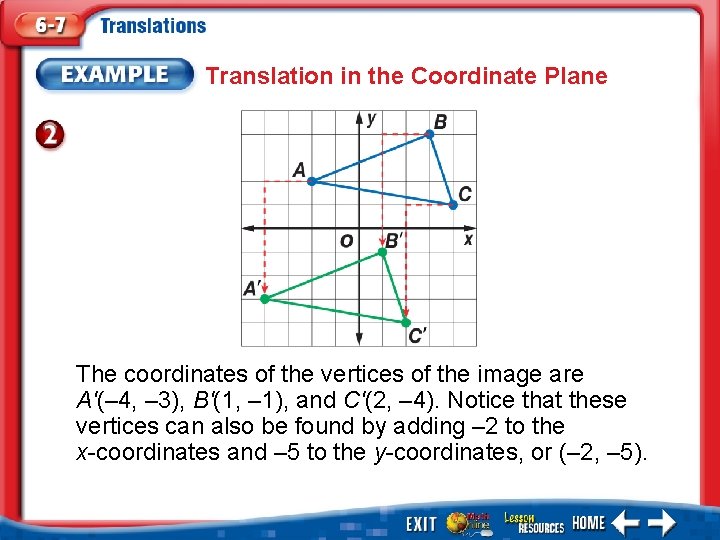 Translation in the Coordinate Plane The coordinates of the vertices of the image are