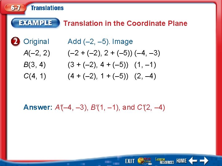 Translation in the Coordinate Plane Original Add (– 2, – 5). Image A(– 2,