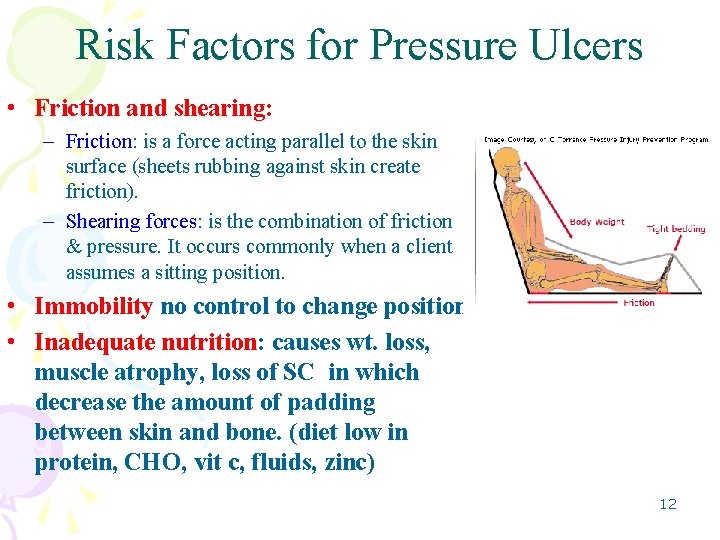 Risk Factors for Pressure Ulcers • Friction and shearing: – Friction: is a force