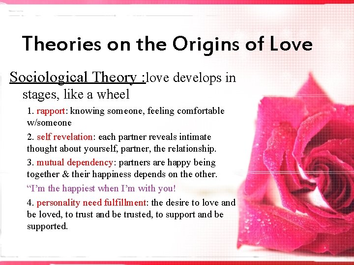 Theories on the Origins of Love Sociological Theory : love develops in stages, like