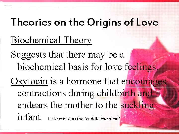 Theories on the Origins of Love Biochemical Theory Suggests that there may be a