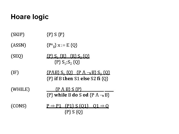 Hoare logic (SKIP) {P} S {P} (ASSN) {Px. E} x : = E {Q} Hoare logic (SKIP) {P} S {P} (ASSN) {Px. E} x : = E {Q}