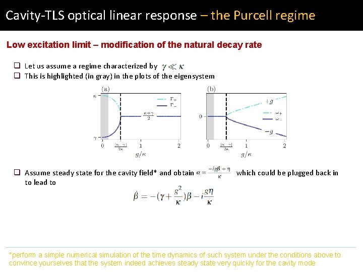 Cavity-TLS optical linear response – the Purcell regime Low excitation limit – modification of